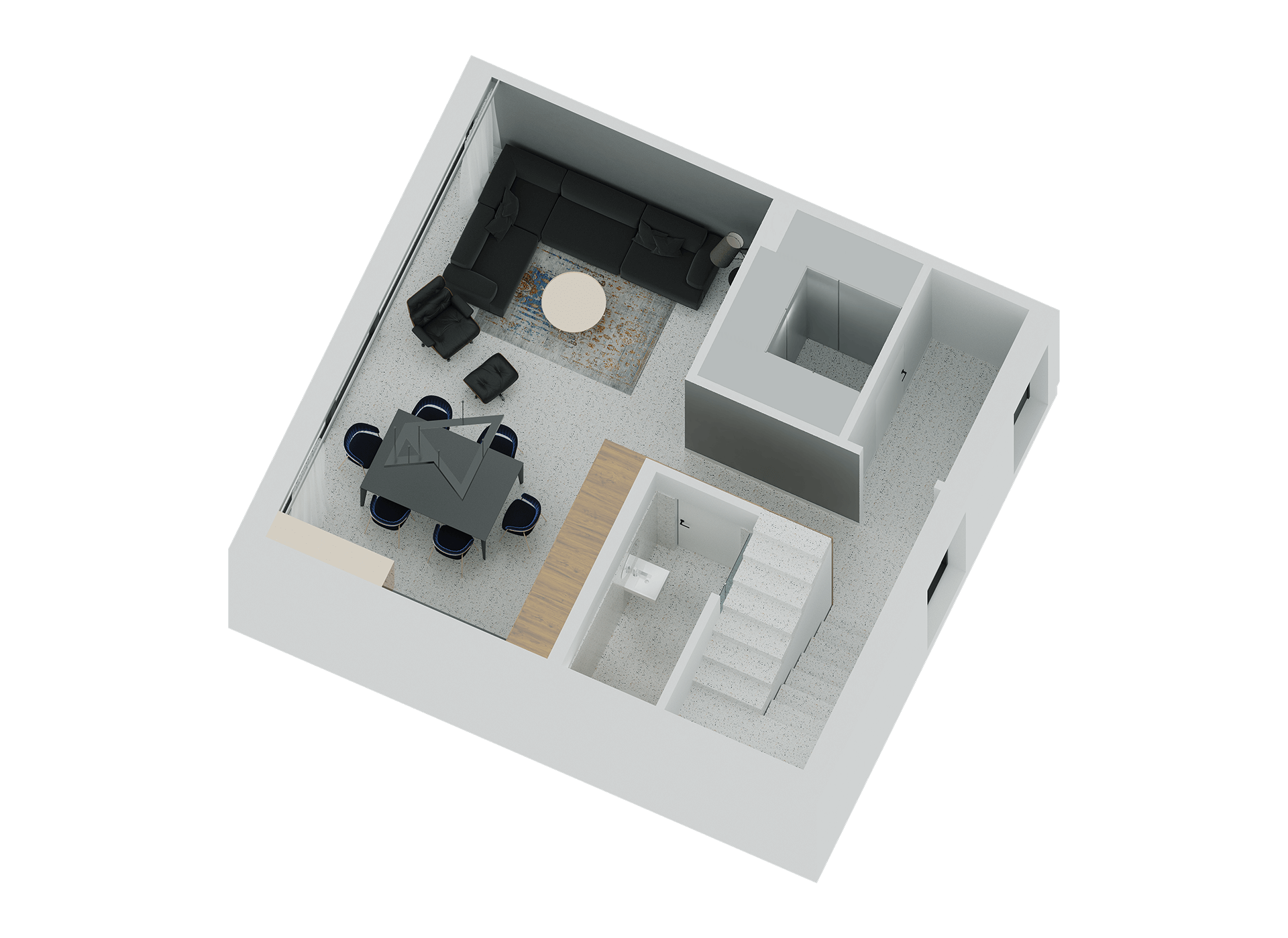 wizualizacja 3D - kuchnia połączona z salonem