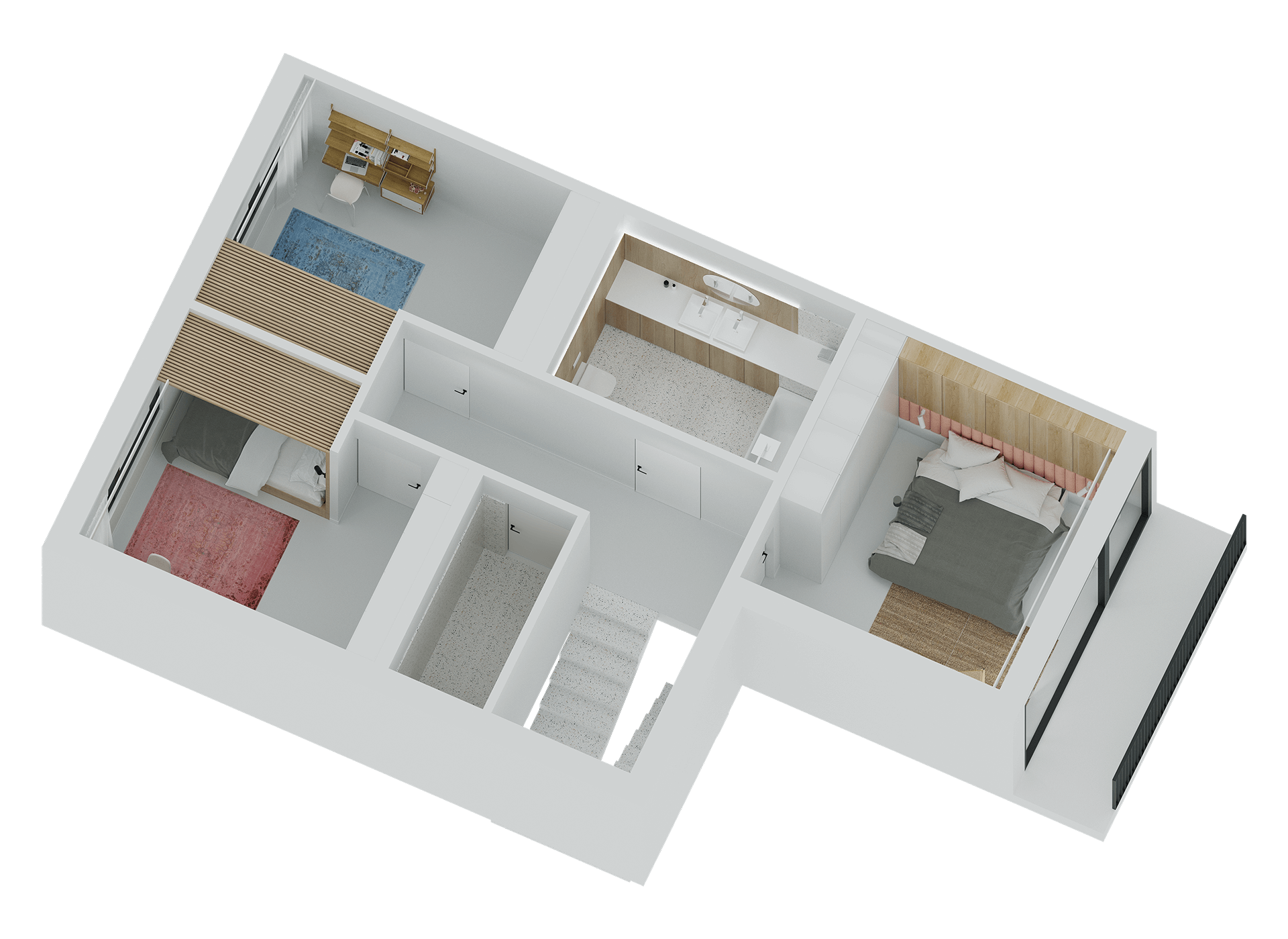 wizualizacja 3D z podziałem na pokoje w domu piętrowym